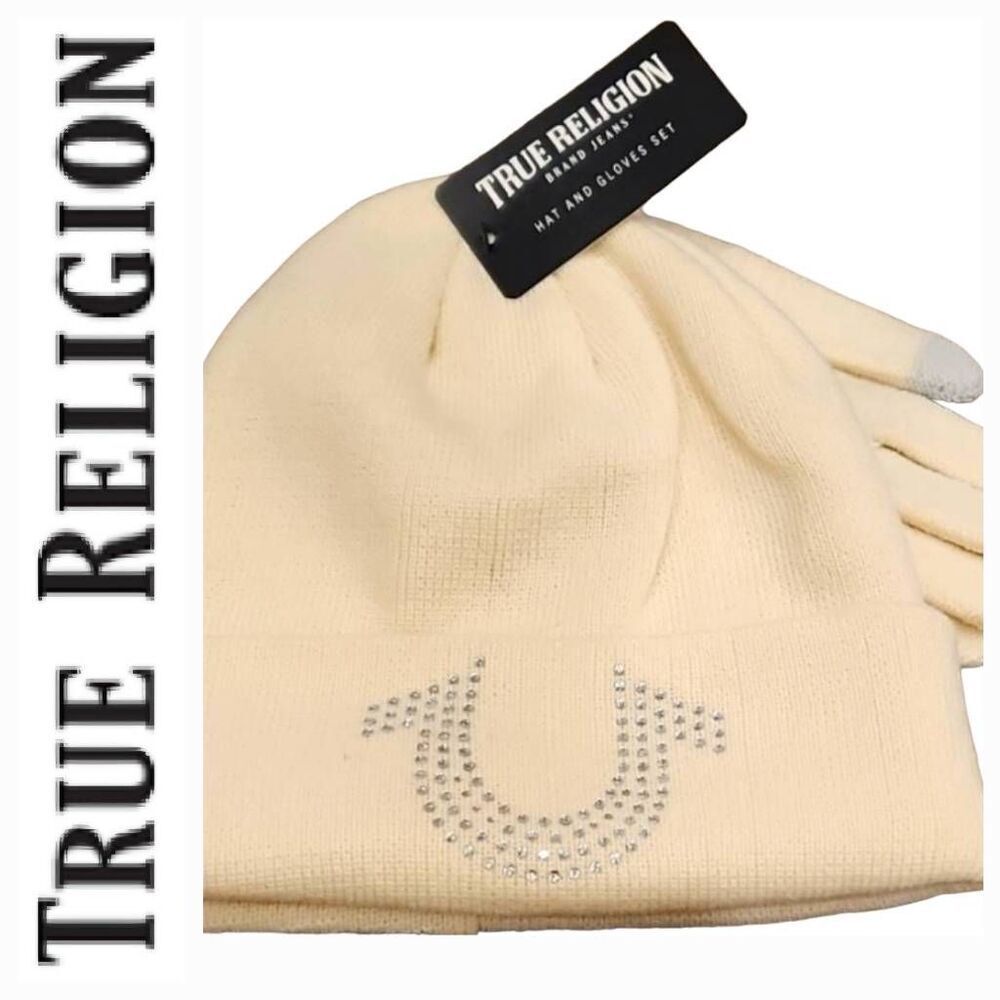 True Religion Rhinestone Horseshoe Logo‎ Beanie Hat & Glove Set-Cream